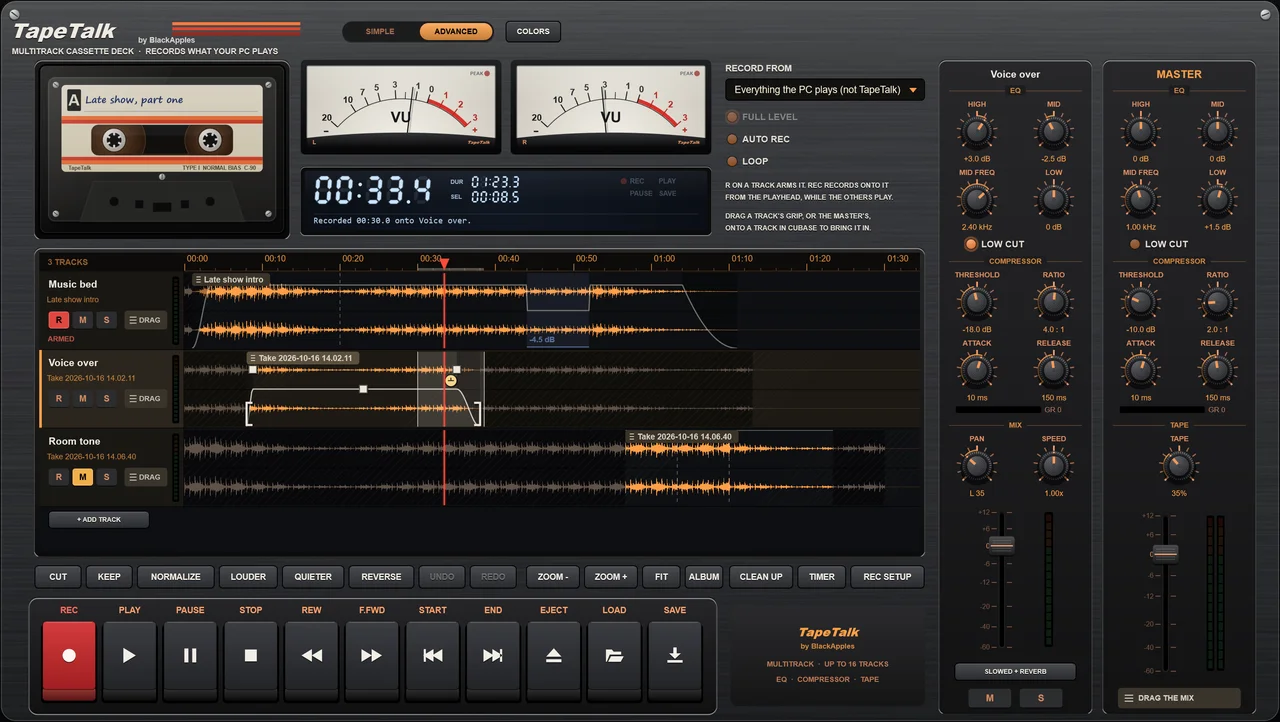 TapeTalk’s multitrack mode with its mixer